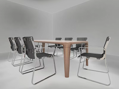 Modern Wooden Conference Table With Metal Frame Chairs In Minimalist Room 3d model