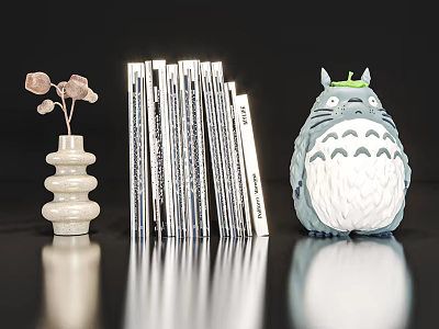 Stylish Decorative Ornament Set With White Spiral Vase Dried Flowers Books And Totoro Figurine 3d model