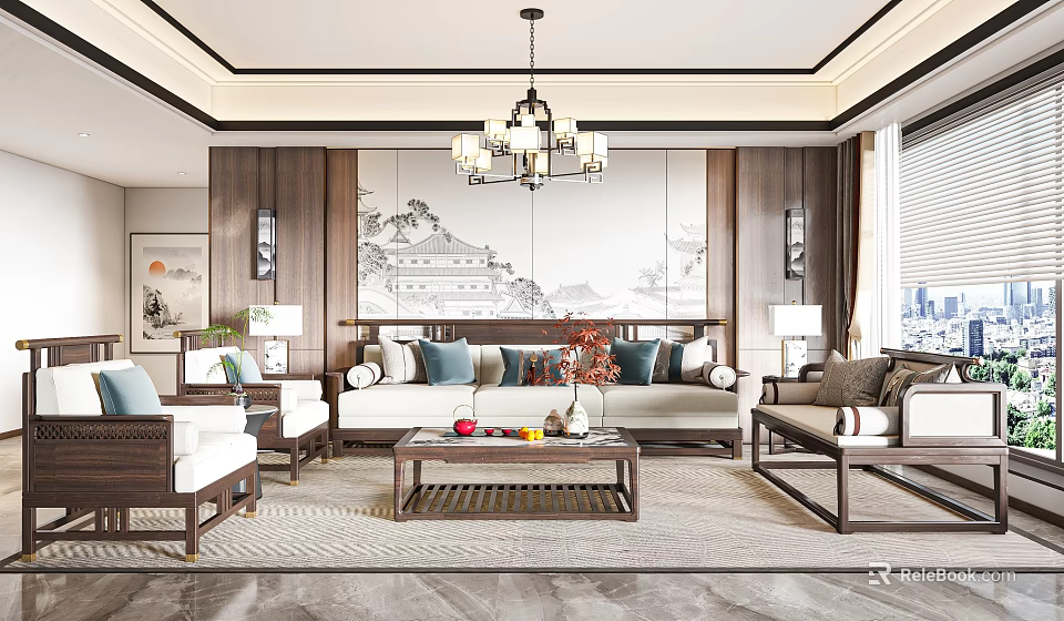 Chinese Style Living Room With Wooden Sofa Coffee Table Chandelier And Landscape Painting 3d model 
