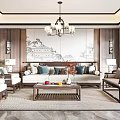 Chinese Style Living Room With Wooden Sofa Coffee Table Chandelier And Landscape Painting