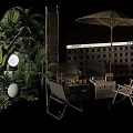 Stylish Outdoor Table Setup with Umbrella Chairs Green Plants and Decorative Screen 3d model