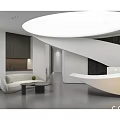 Modern Reception Desk With Curved Design Black Accent Wall White Sofa Round Coffee Table