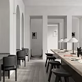 Modern Public Office Space With Wooden Table Black Chairs Arched Doorways And Desk Lamp