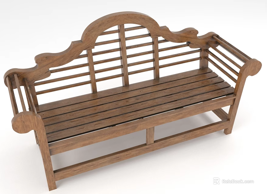 Wooden Outdoor Bench With Curved Backrest And Slatted Seat Design For Garden Patio 3d model 