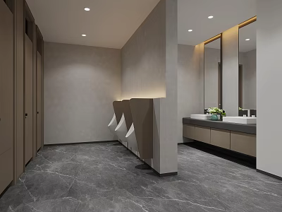 Modern Public Restroom Interior With Stalls Vanity Mirrors And Marble Flooring 3d model