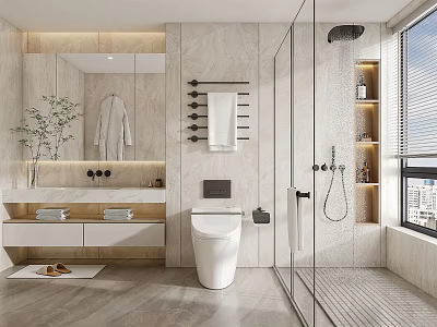Modern Bathroom Interior With Double Vanity Large Mirror And Glass Shower Enclosure 3d model