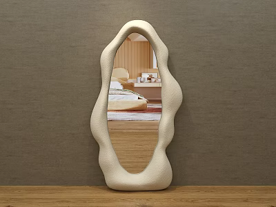 Modern Irregular Shaped Mirror With Cream Frame Reflecting Living Room Interior On Wooden Tabletop 3d model