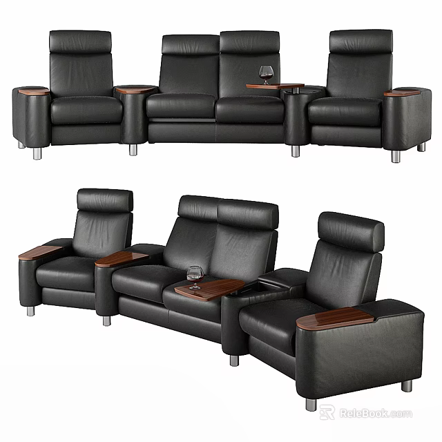 Black Leather Outdoor Sofa With Multiple Seats Armrests And Cup Holders 3d model