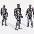 Game Movie Character Metallic Medieval Armor Shown in Three Different Angles 3d model