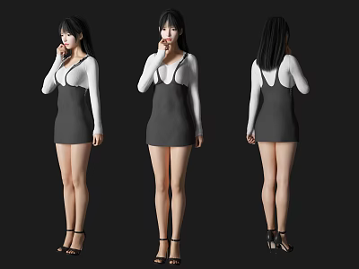 Woman in White Long Sleeve Top Gray Pinafore Dress Black High Heels Three Angles View 3d model