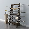 Wooden Weapon Rack With Bow Four Swords And Arrow Holder Containing Arrows