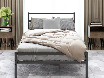 Modern Metal Frame Double Bed With Pillows Quilt Nightstands And Natural Light 3d model