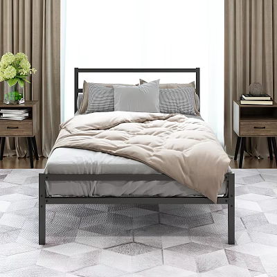 Modern Metal Frame Double Bed With Pillows Quilt Nightstands And Natural Light 3d model