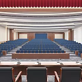 Large Conference Room With Rows Of Seats Stage MAXHUB Screen Ceiling Lighting And Wooden Panels