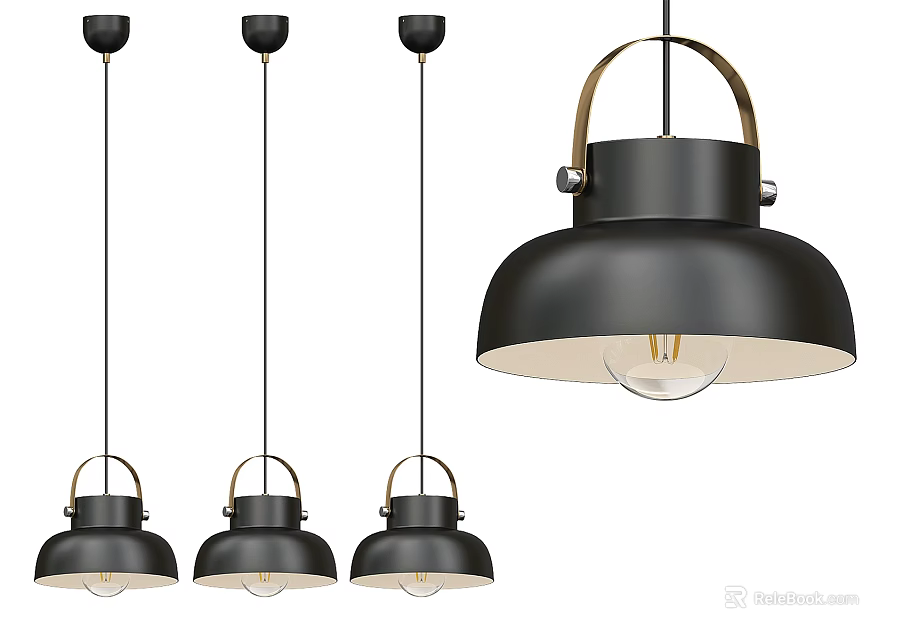 Modern Black Pendant Lights with Dome Shades Metal Frames and Gold Accent Rings 3d model 