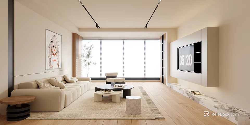 Modern Living Room Interior With Beige Sofa Coffee Table TV And Large Window 3d model