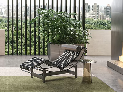 Zebra Pattern Lounge Chair With Small Side Table On Balcony City View And Green Rug 3d model