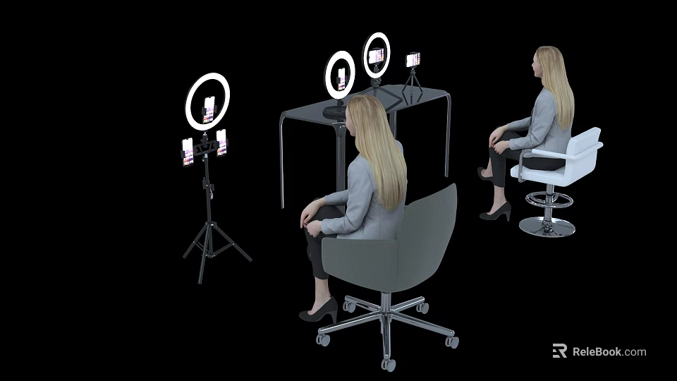 Modern Iron Art Table With Ring Lights And Women Seated In Studio Setting 3d model 