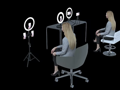 Modern Iron Art Table With Ring Lights And Women Seated In Studio Setting 3d model