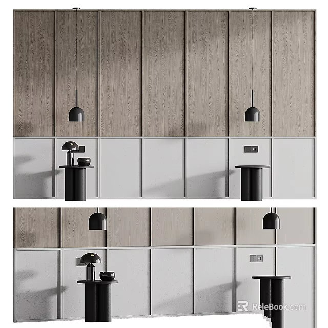 Modern Interior Wall Design With Wooden Panels White Surfaces Black Pendant Lights And Small Tables 3d model 