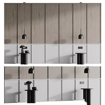 Modern Interior Wall Design With Wooden Panels White Surfaces Black Pendant Lights And Small Tables 3d model
