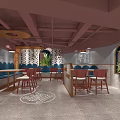 Modern Contemporary Restaurant Interior With Blue Seats Red Chairs Marble Counter And Geometric Wall Decor
