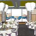 Elegant Banquet Hall With Round Tables White Tablecloths Purple Chair Sashes Chandeliers And Dance Floor