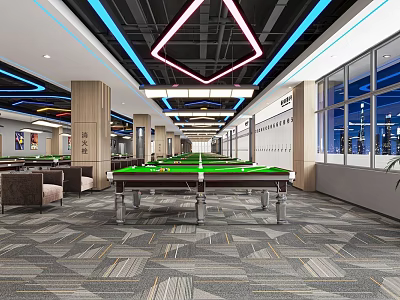 Modern Billiard Room Interior With Multiple Green Pool Tables Comfortable Seating And Stylish Lighting Fixtures 3d model