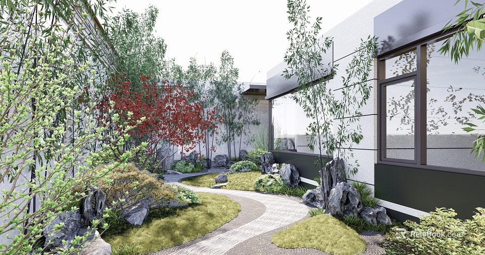 Tranquil Courtyard Garden Featuring Bamboo Red Leaf Tree Decorative Rocks Winding Path And Modern Building 3d model 