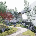 Tranquil Courtyard Garden Featuring Bamboo Red Leaf Tree Decorative Rocks Winding Path And Modern Building