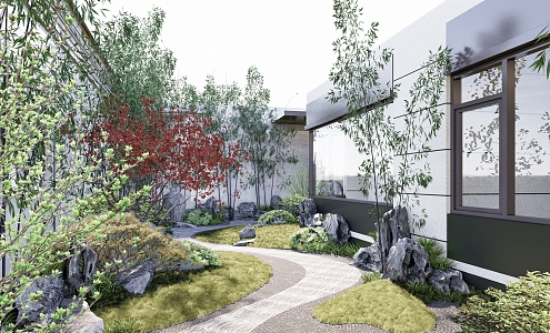 New Chinese-style Courtyard Landscape Stone, Bamboo and Gravel Pavement 3d model