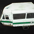 Vintage White And Green Three Wheeled Vehicle With Aged Exterior Side Windows And Front Signs