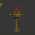 Ancient Bronze Vessel With Three Spires Ring Handles And Decorative Patterns On Slender Base 3d model