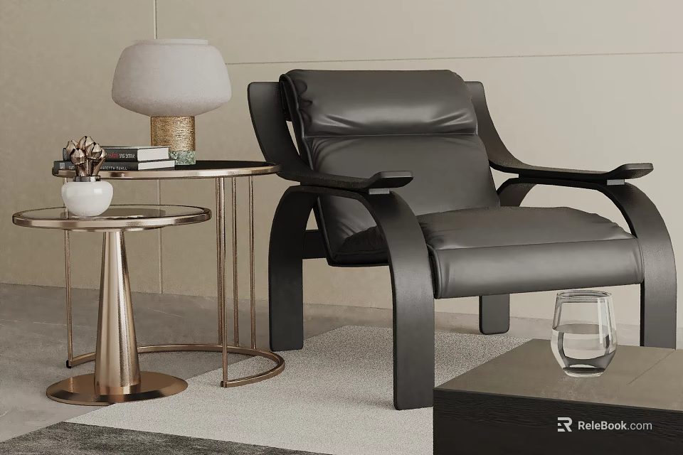 Modern Black Leather Leisure Chair With Side Table Lamp Books And Glass 3d model 