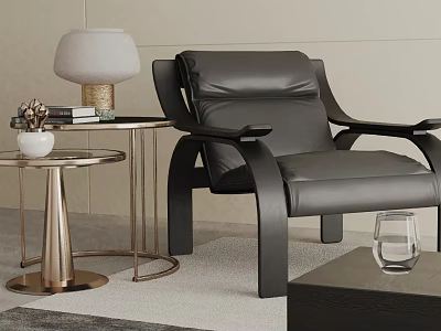 Modern Black Leather Leisure Chair With Side Table Lamp Books And Glass 3d model