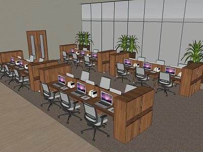 Public Office Space With Wooden Workstations Computers Plants And Large Windows 3d model
