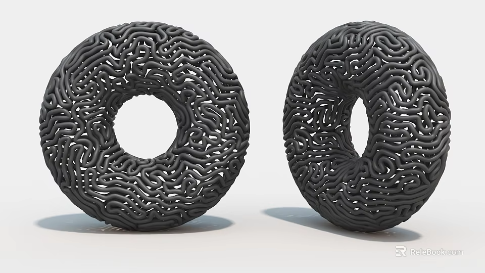 Two Black Circular Hollow Art Installations With Intricate Textured Patterns 3d model 