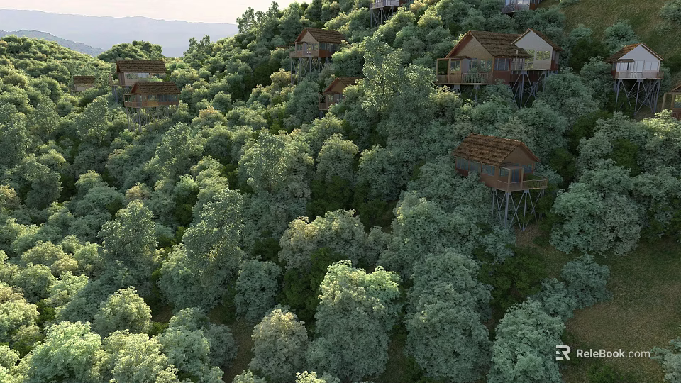 Scenic Lush Green Hillside Forest With Scattered Cozy Tree Houses Overlooking Distant Peaceful Mountains 3d model 
