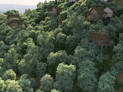 Scenic Lush Green Hillside Forest With Scattered Cozy Tree Houses Overlooking Distant Peaceful Mountains 3d model