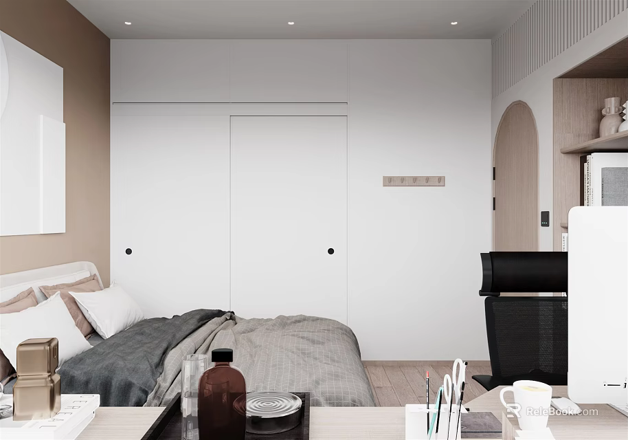 Modern Bedroom Interior Design With White Wardrobe Bed Wall Art And Neutral Tones 3d model 