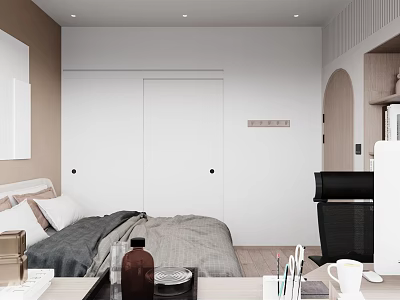Modern Bedroom Interior Design With White Wardrobe Bed Wall Art And Neutral Tones 3d model