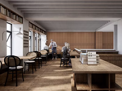 Book Art Interior Design with Wooden Bookshelves Reading Areas and Natural Light 3d model