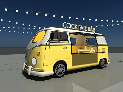 Yellow Mobile Cocktail Bar Van With Open Counter And String Lights Decoration 3d model