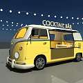 Yellow Mobile Cocktail Bar Van With Open Counter And String Lights Decoration 3d model