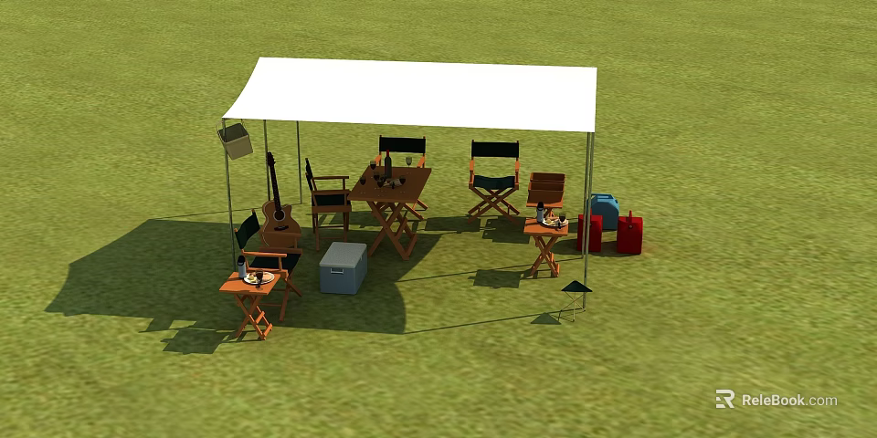 Garden Landscape With White Canopy Wooden Tables Chairs Guitar And Boxes On Green Grass 3d model 