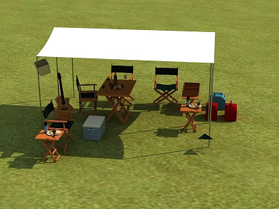 Garden Landscape With White Canopy Wooden Tables Chairs Guitar And Boxes On Green Grass 3d model