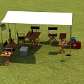 Garden Landscape With White Canopy Wooden Tables Chairs Guitar And Boxes On Green Grass