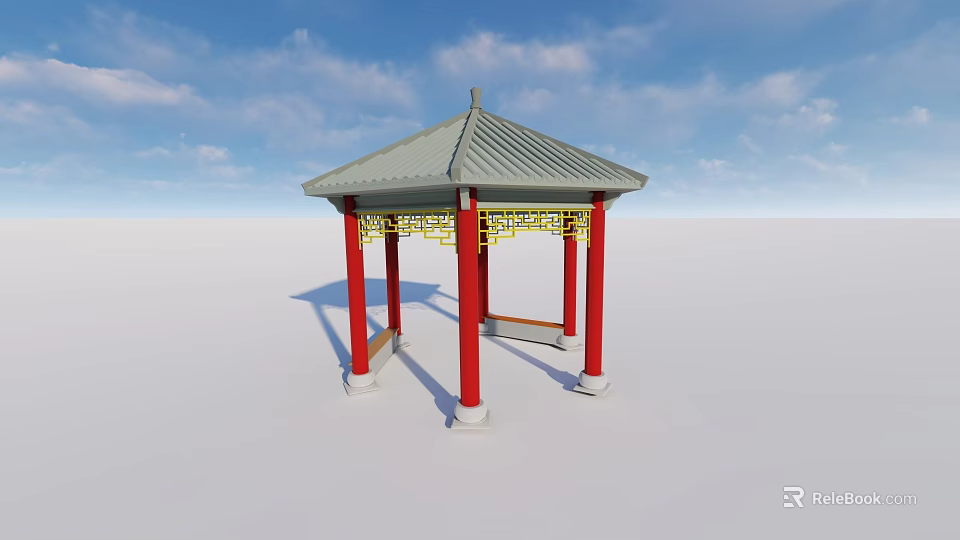 Traditional Chinese Pavilion With Red Pillars Gray Roof And Yellow Decorations 3d model 