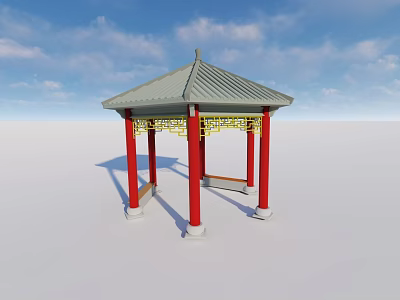 Traditional Chinese Pavilion With Red Pillars Gray Roof And Yellow Decorations 3d model