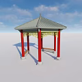Traditional Chinese Pavilion With Red Pillars Gray Roof And Yellow Decorations